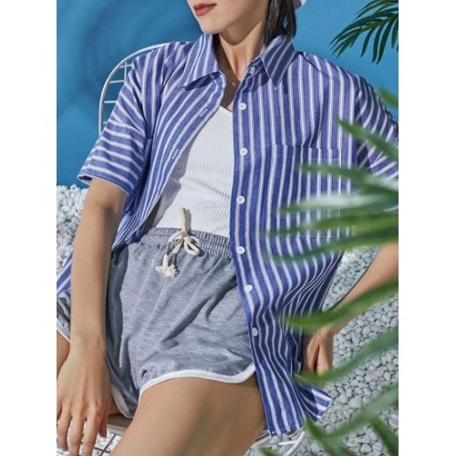 Vertical Stripes Front Pockets Button Down Shirt