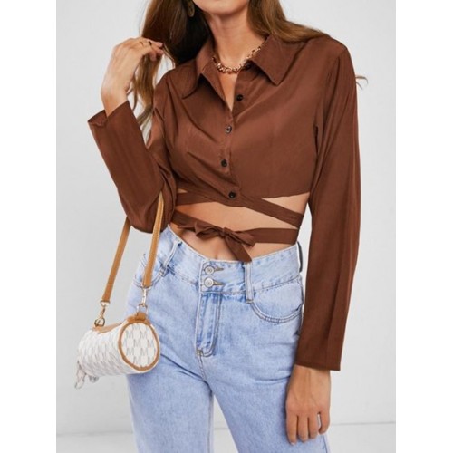 Button Up Midriff Flossing Crop Shirt