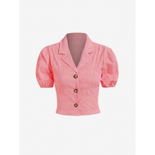 Button Up Puff Sleeve Gingham Cropped Shirt