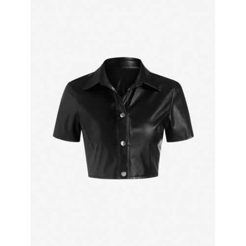 Snap Button Faux Leather Cropped Shirt