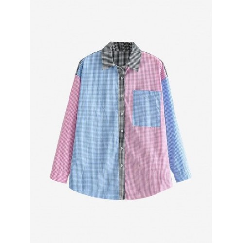 Colorblock Gingham Drop Shoulder Pocket Shirt