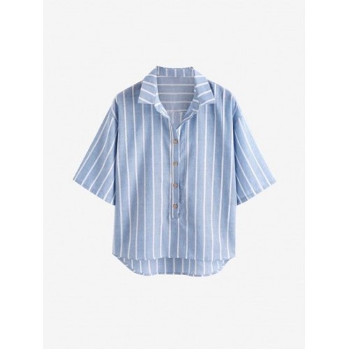 Pinstriped Drop Shoulder Button Placket Blouse