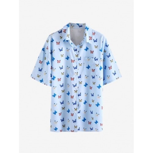 Drop Shoulder Butterfly Print Pocket Shirt