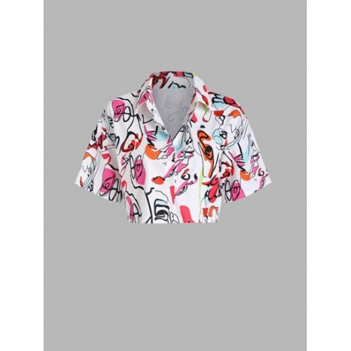 Scrawl Print Drop Shoulder Crop Shirt