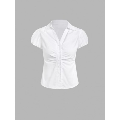 Ruched Button Up Solid Shirt