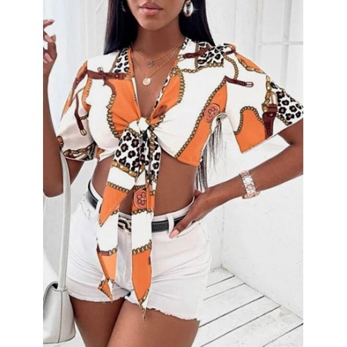 Chain Leopard Print Tie Front Crop Blouse