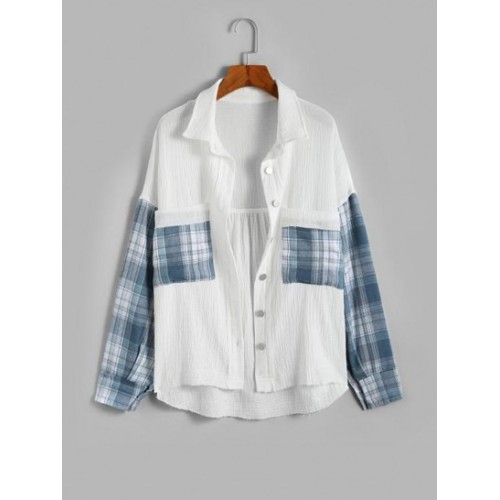 Plaid Panel Front Pockets Button Down Shirt