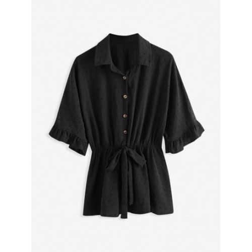 Swiss Dot Half Button Batwing Sleeve Peplum Blouse