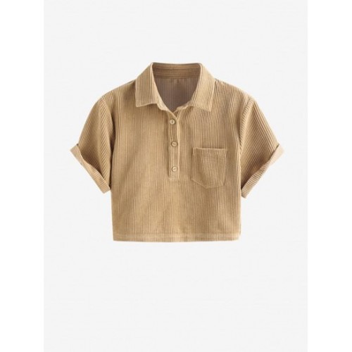 Button Front Corduroy Collared Cropped Top