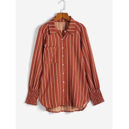 Stripes Shirred Sleeve Tie Button Down Shirt