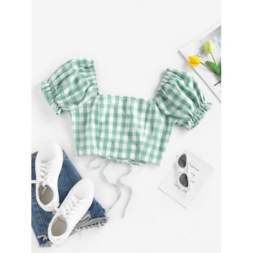 Gingham Puff Sleeve Backless Lace Up Blouse