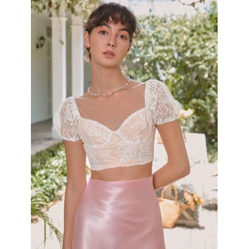 Lace Insert Puff Sleeve Crop Corset Top