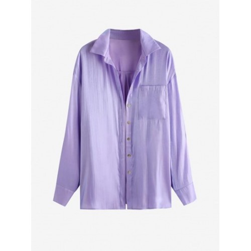 Front Pocket Silky Shiny Button Down Shirt