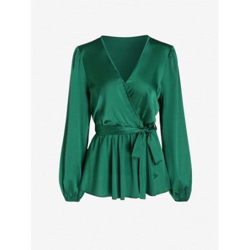 V Neck Belted Surplice Blouse