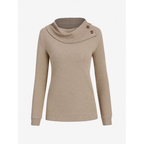 Turn Down Collar Buttoned Ribbed Knit Top