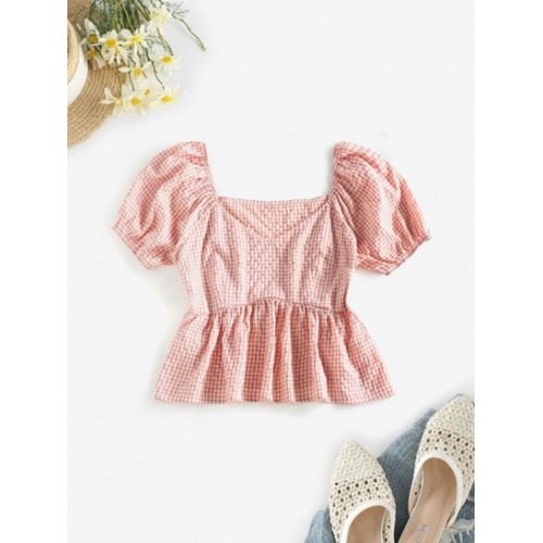 Gingham Puff Sleeve Peplum Blouse