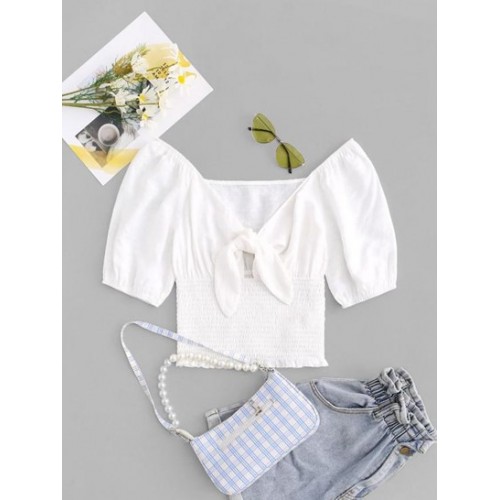 Knotted Puff Sleeve Plunge Shirred Blouse