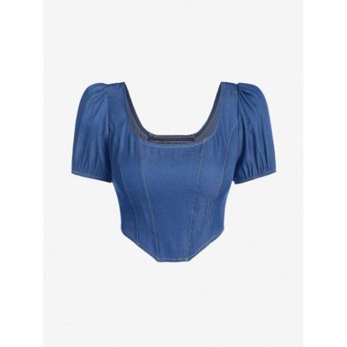Topstitching Corset-style Chambray Puff Sleeve Top