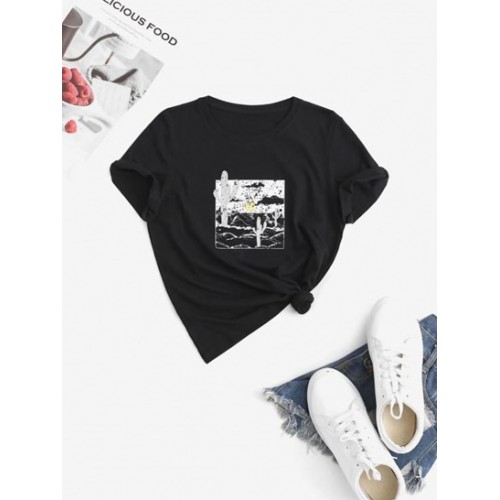 Crew Neck Desert Cactus Graphic Tee