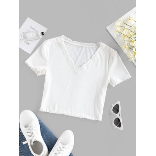 Ribbed Lettuce Trim V Neck T Shirt