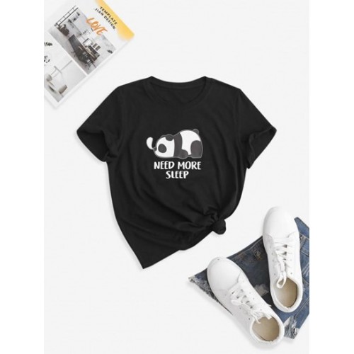 Crew Neck Panda Need More Sleep Graphic Tee