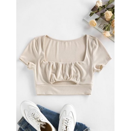 Ribbed Ruched Cutout Crop Tee