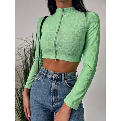 Jacquard Terry Cloth Double Way Zip Crop T Shirt