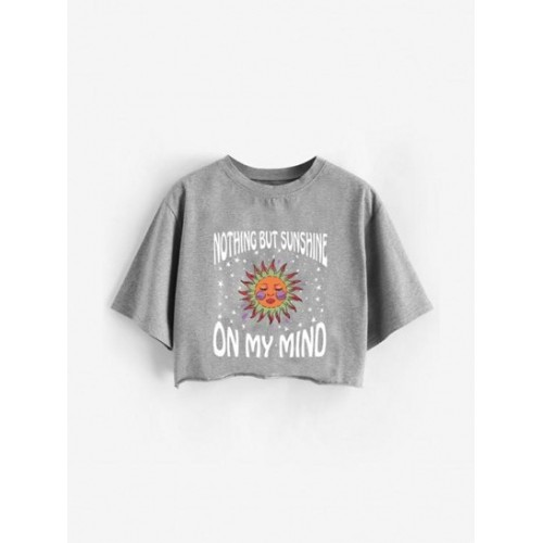 Sun Star Slogan Print Raw Hem Crop T Shirt