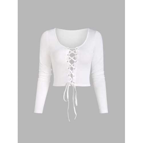 Lace Up Ribbed Cropped Tee