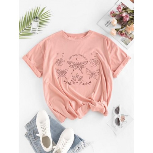 Moon Butterfly Print Drop Shoulder Oversized T Shi...