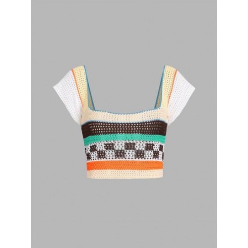 Openwork Crochet Checkered Striped Cap Sleeve Crop...