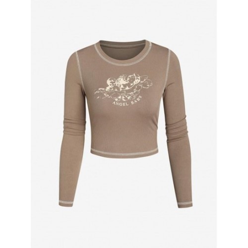 Topstitching Angle Baby Print Ribbed Crop T Shirt