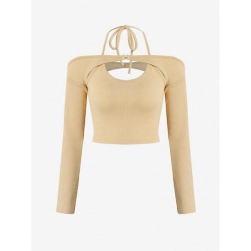 Ribbed Knit Halter Shrug Cold Shoulder Top Set