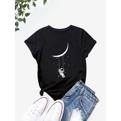 Moon Star Astronaut Print T Shirt