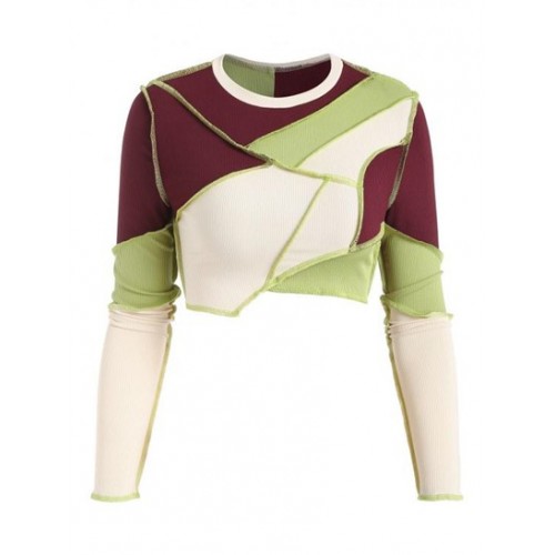 Cropped Ribbed Topstitching Patchwork Long Sleeve ...