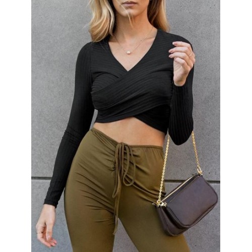 Ribbed Knit Surplice Slim Crop Tee