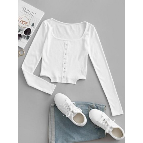 Square Collar Rib-knit Grommets Crop Top