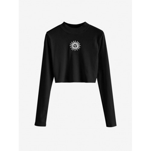 Crew Neck Sun Embroidered Crop Top
