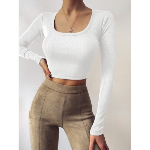 U Neck Ribbed Long Sleeve Top