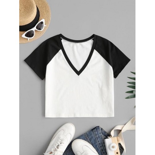 Raglan Sleeve Two Tone Cropped T-shirt