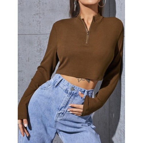 Ribbed Half Zip Crop T Shirt