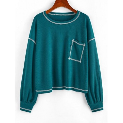 Chest Pocket Topstitching Drop Shoulder Knit Tee