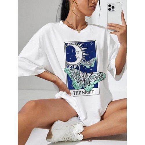 Moon Star Butterfly Print Drop Shoulder T Shirt
