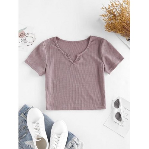 Knitted V Notch Crop T Shirt
