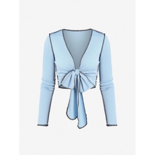 Ribbed Topstitching Tie Front Crop T Shirt