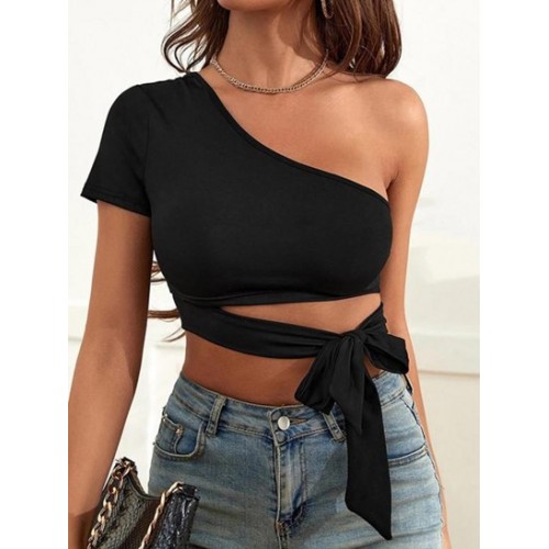 One Shoulder Tied Crop T Shirt