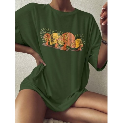 Mushroom Print Drop Shoulder T Shirt