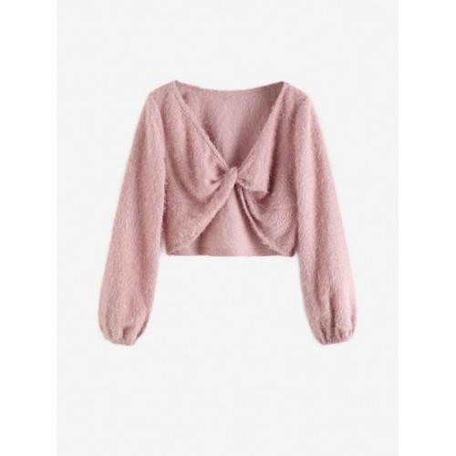 Cropped Twisted Front Fuzzy Textured Top