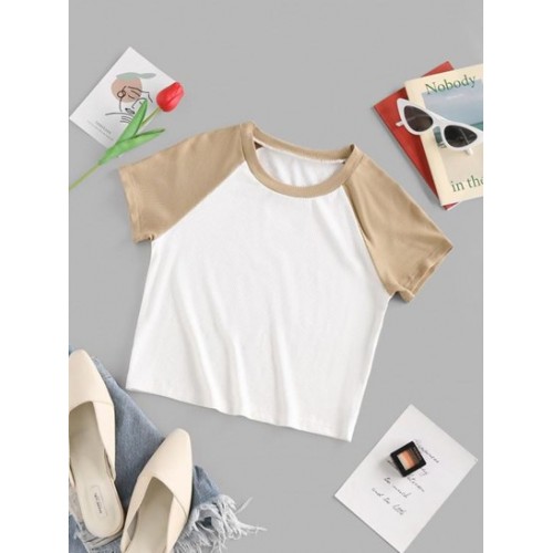 Raglan Sleeve Colorblock Ribbed T Shirt