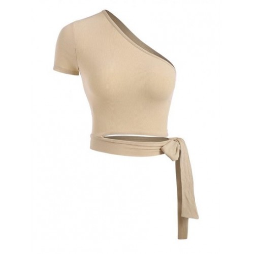 Ribbed Tie Side Cut Out One Shoulder Crop Top